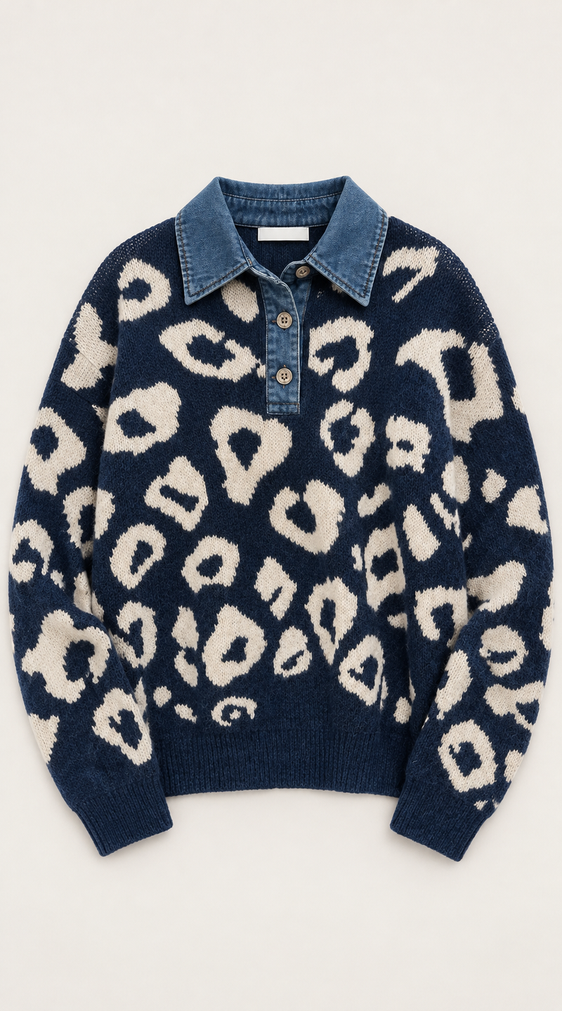 Animal Knit Polo Jumper - Navy/Denim
