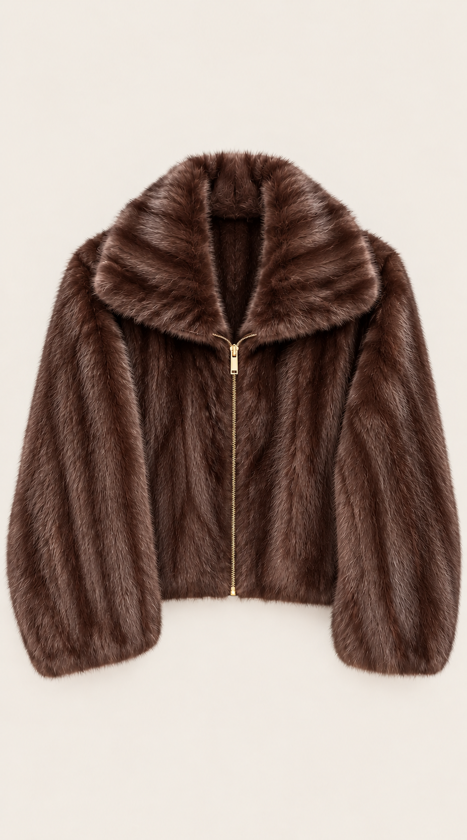 Brown Faux Fur Coat with High Neck Collar