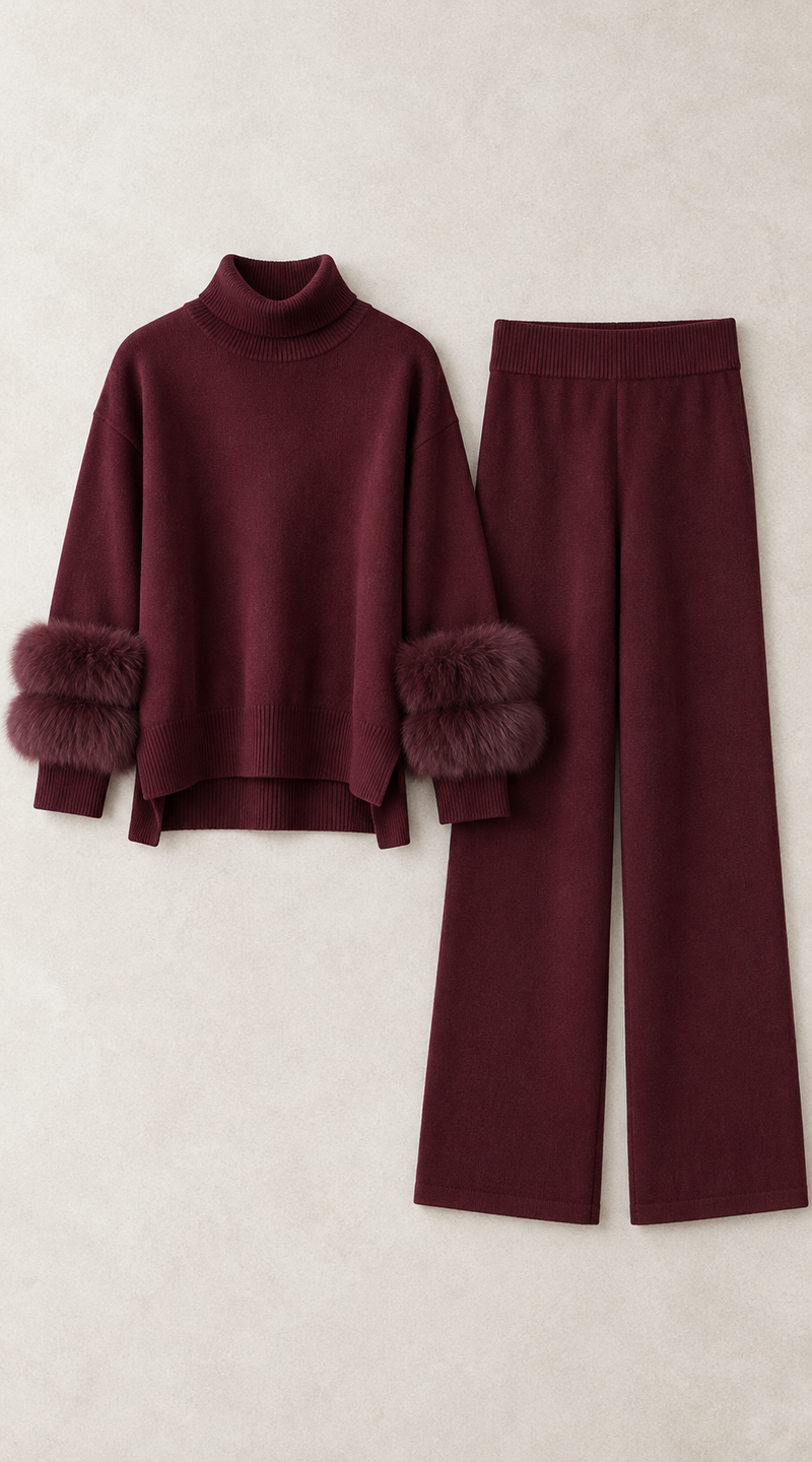 The Luxy Wool & Cashmere Double Fur Cuff Two-Piece Set - Burgundy