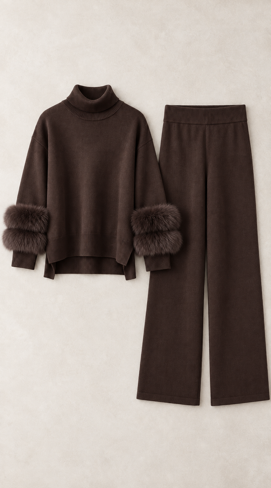 The Luxy Wool & Cashmere Double Fur Cuff Two-Piece Set - Brown