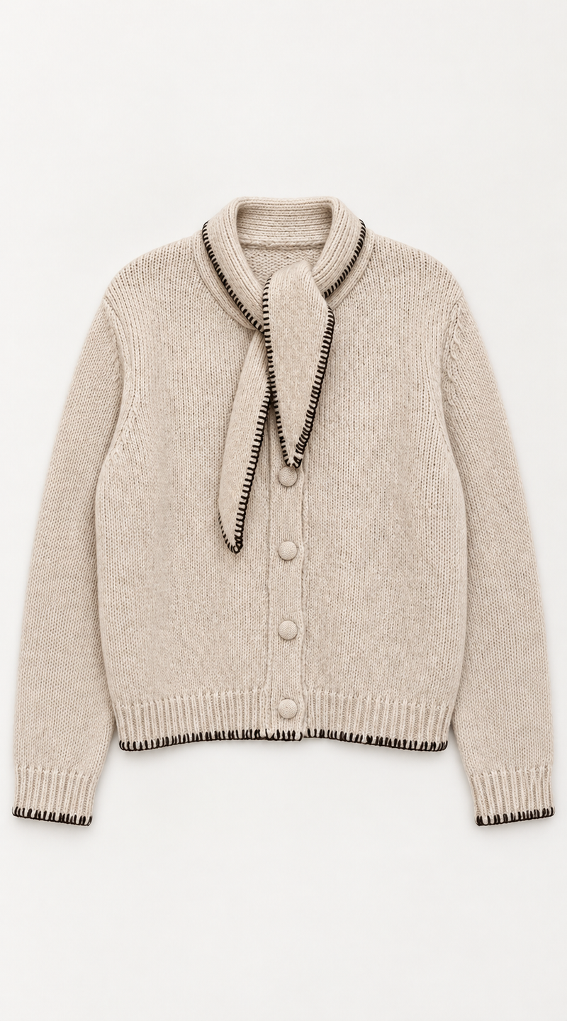 Oatmeal Cardigan with Scarf & Stitch Detail