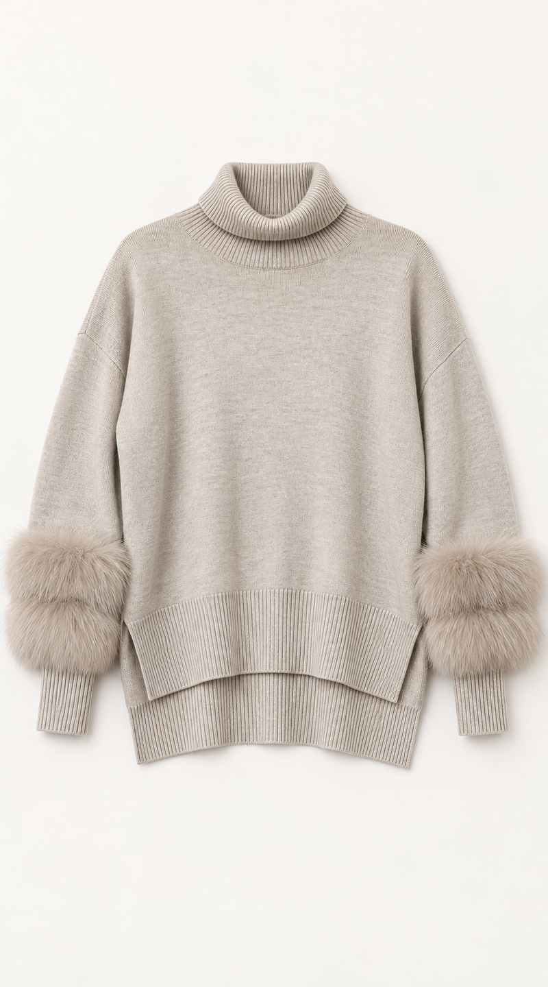 The Luxy Wool & Cashmere Double Fur Cuff Roll Neck Jumper