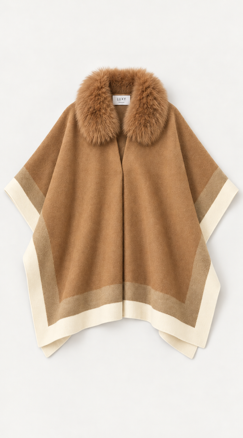 The Luxy Fur Collar Cape – Camel & Ivory
