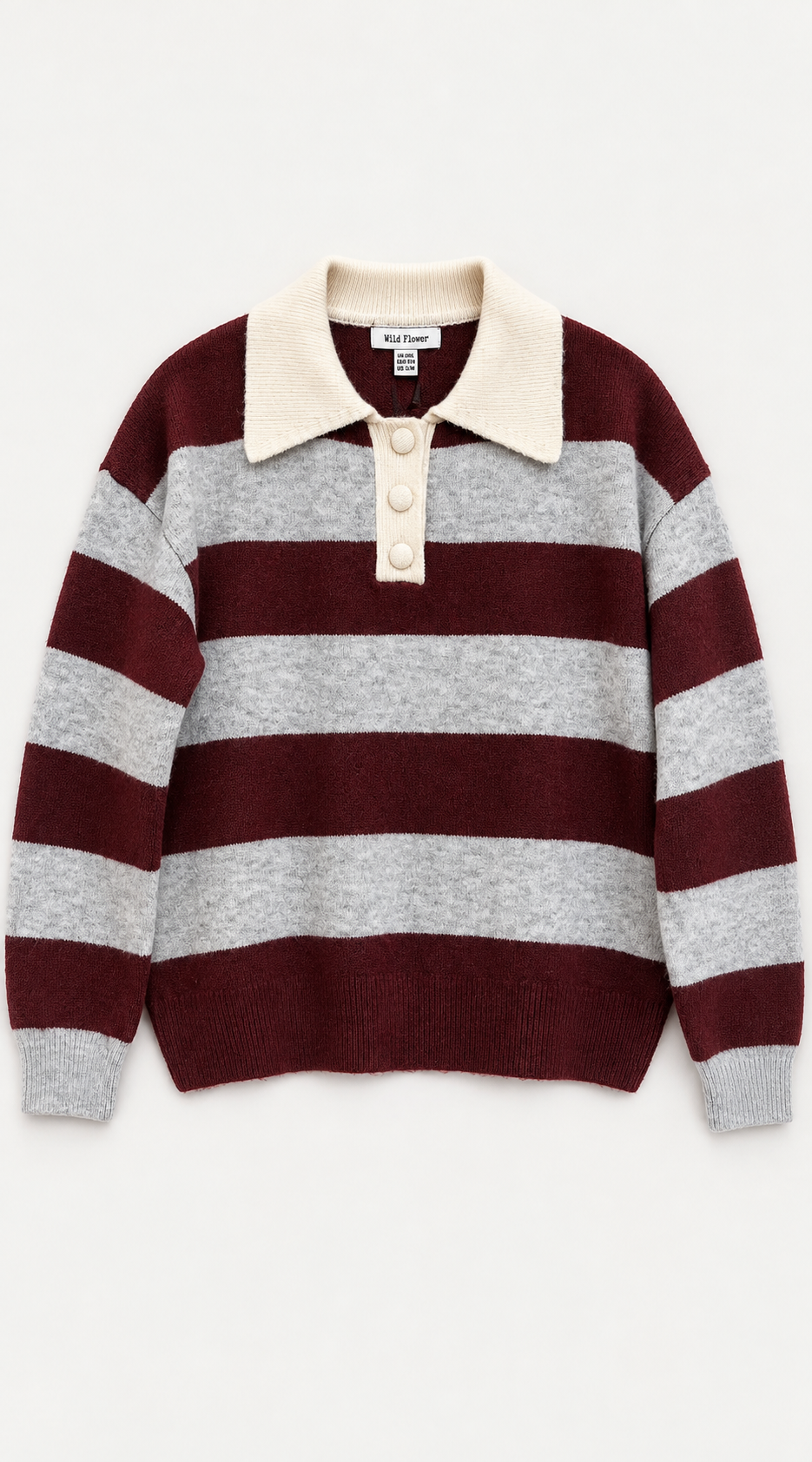 Stripe Polo Neck Knit Jumper - Bordeaux & Grey