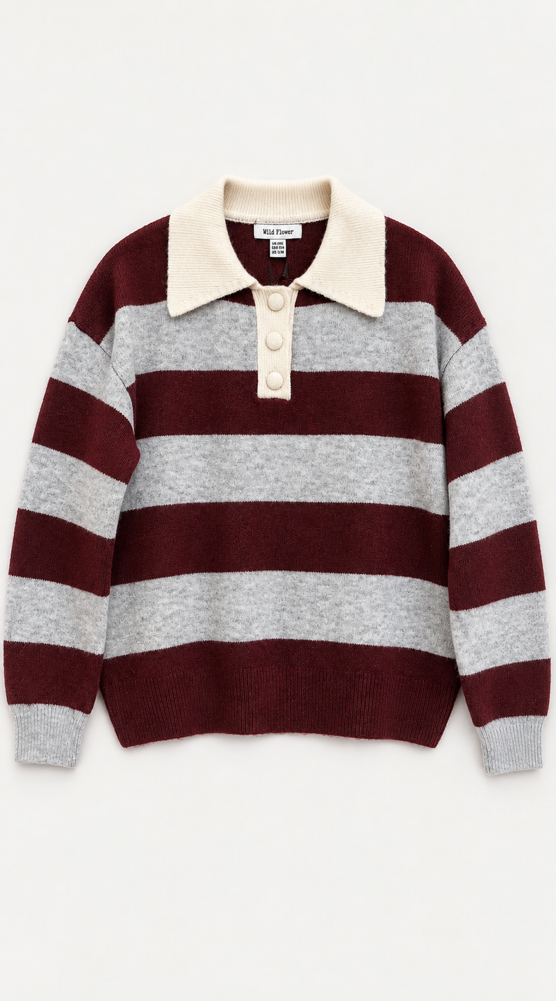 Stripe Polo Neck Knit Jumper - Bordeaux & Grey