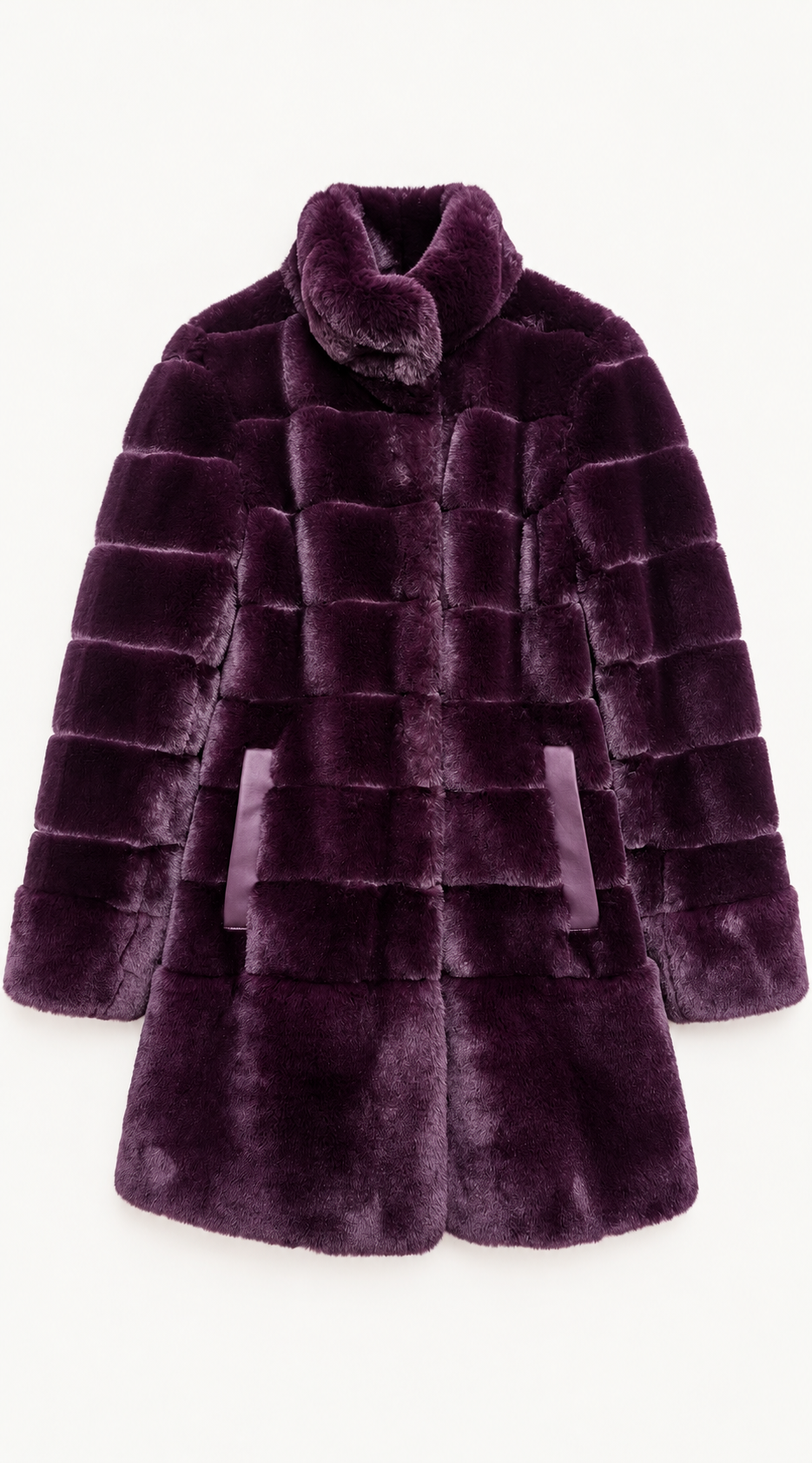 Luxy Faux Fur Panelled Coat with High Collar - Bordeaux