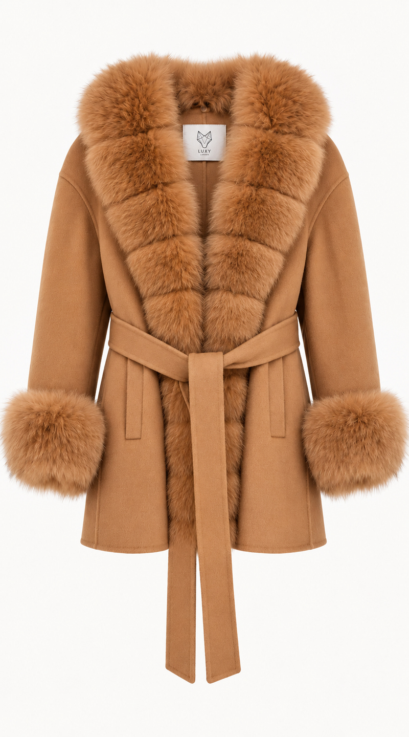 Cashmere & Fox Fur Belted Wrap Coat - Camel