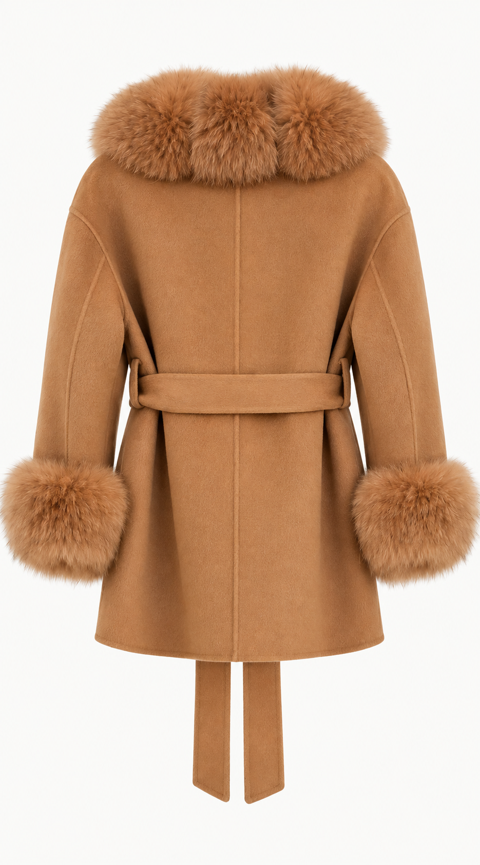 Cashmere & Fox Fur Belted Wrap Coat - Camel