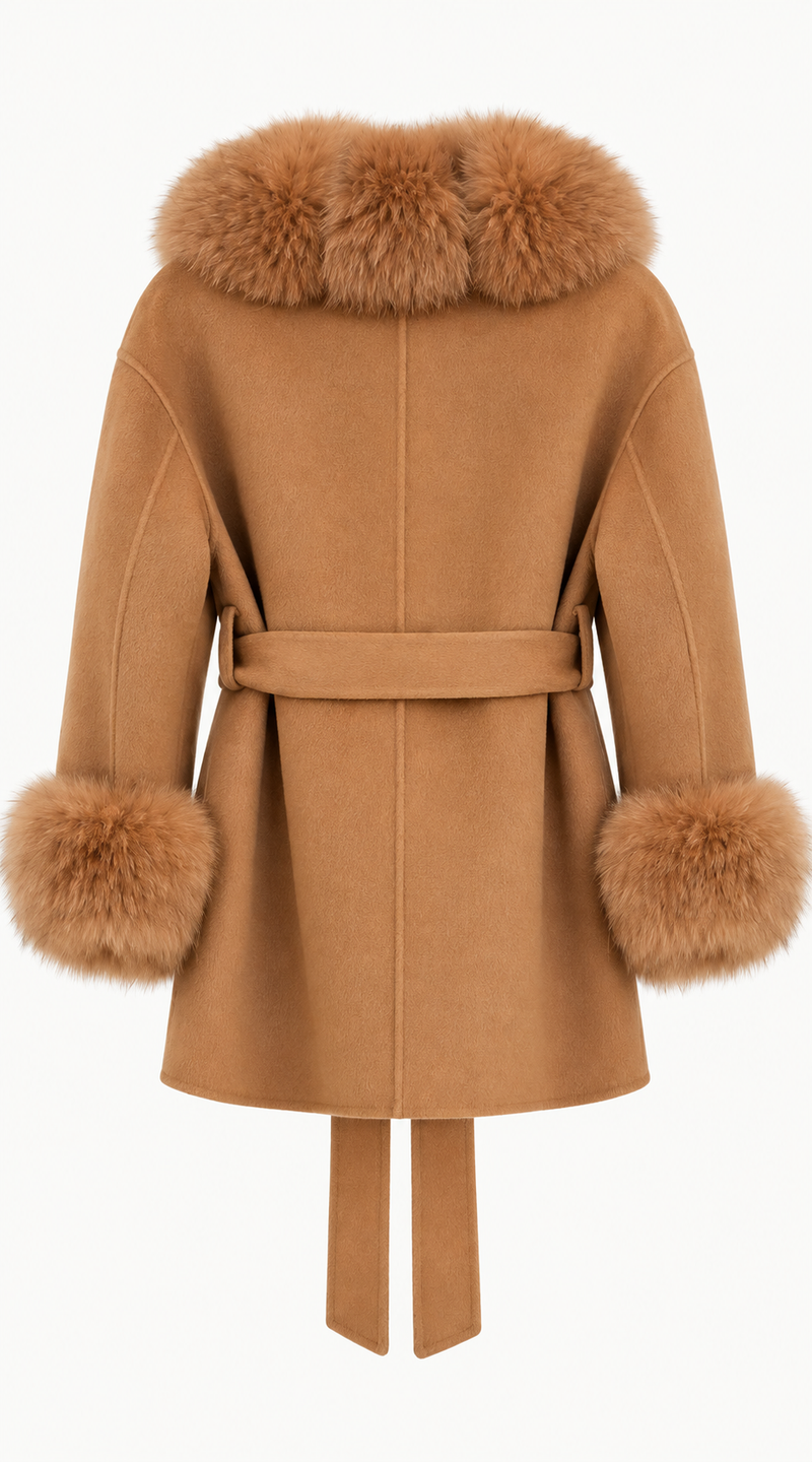 Cashmere & Fox Fur Belted Wrap Coat - Camel