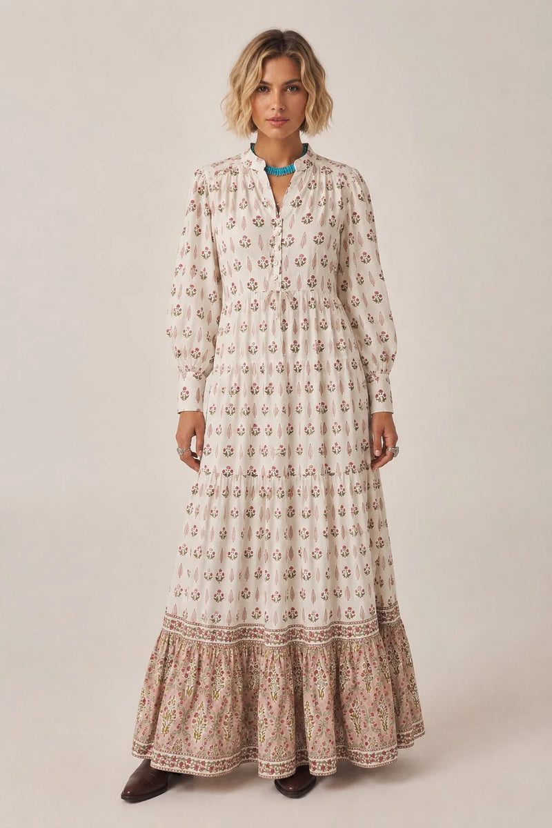 Lalita Cream Woodblock Print Maxi Dress - 100% Cotton