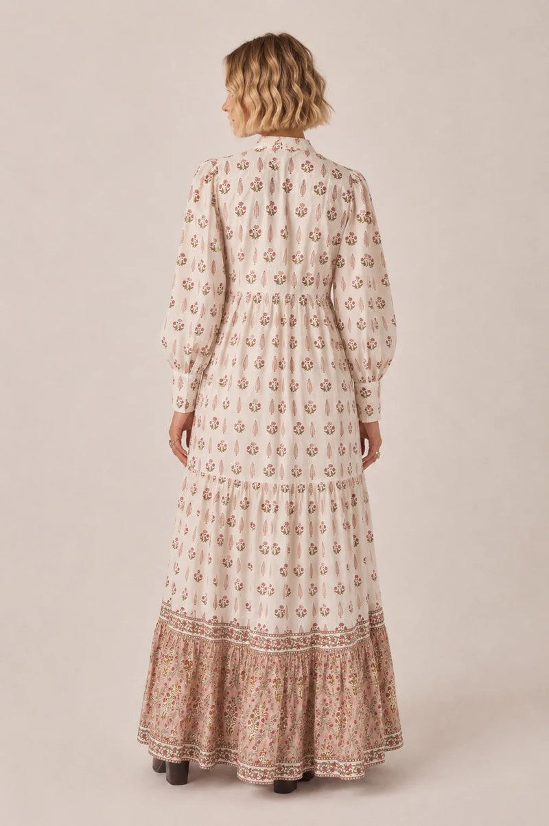 Lalita Cream Woodblock Print Maxi Dress - 100% Cotton