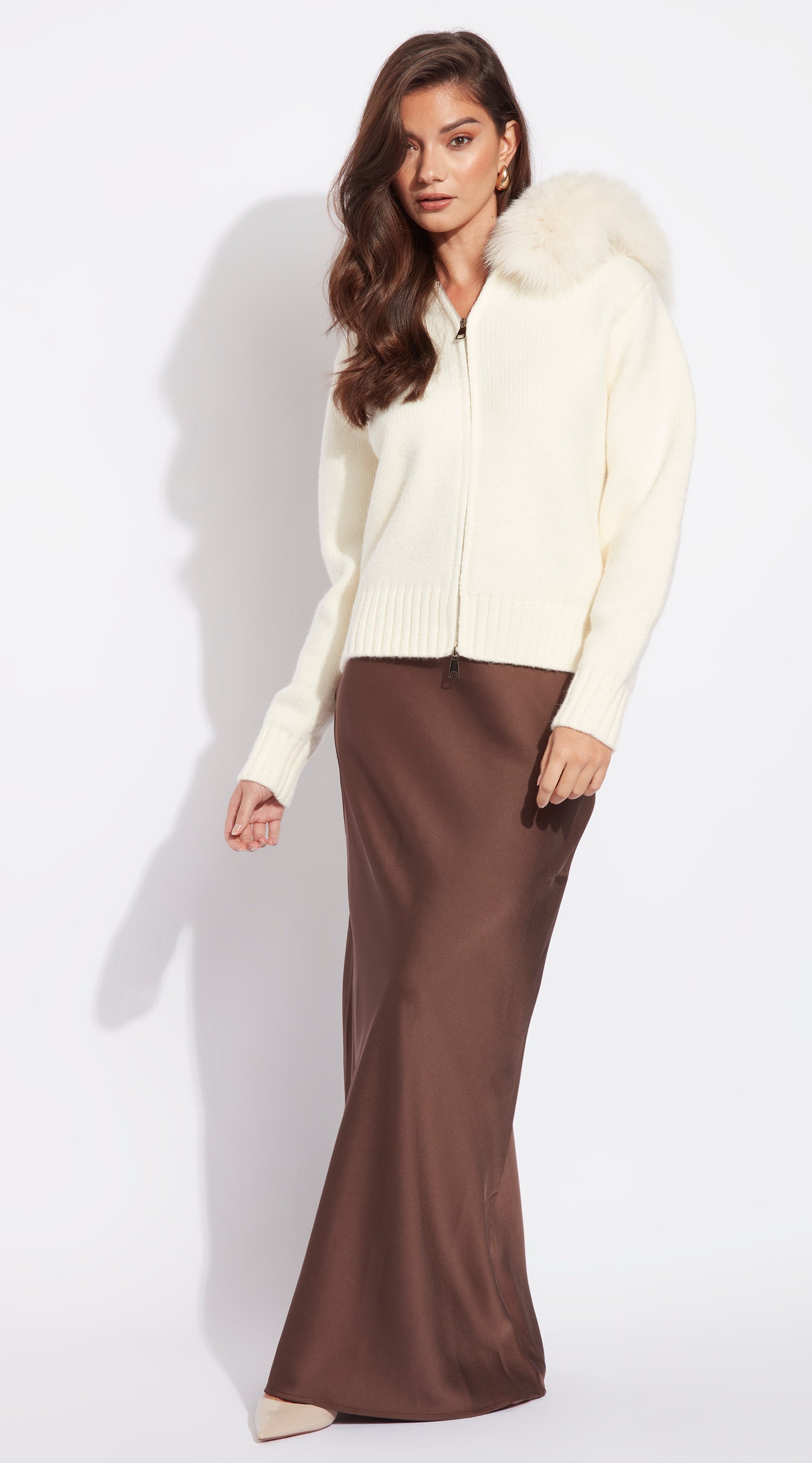 Luxy Knitted Zip Through Fur Hoodie - Crema