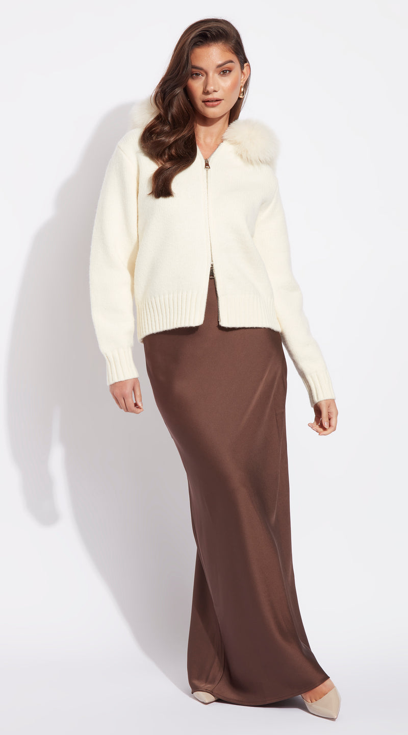 Luxy Knitted Zip Through Fur Hoodie - Crema