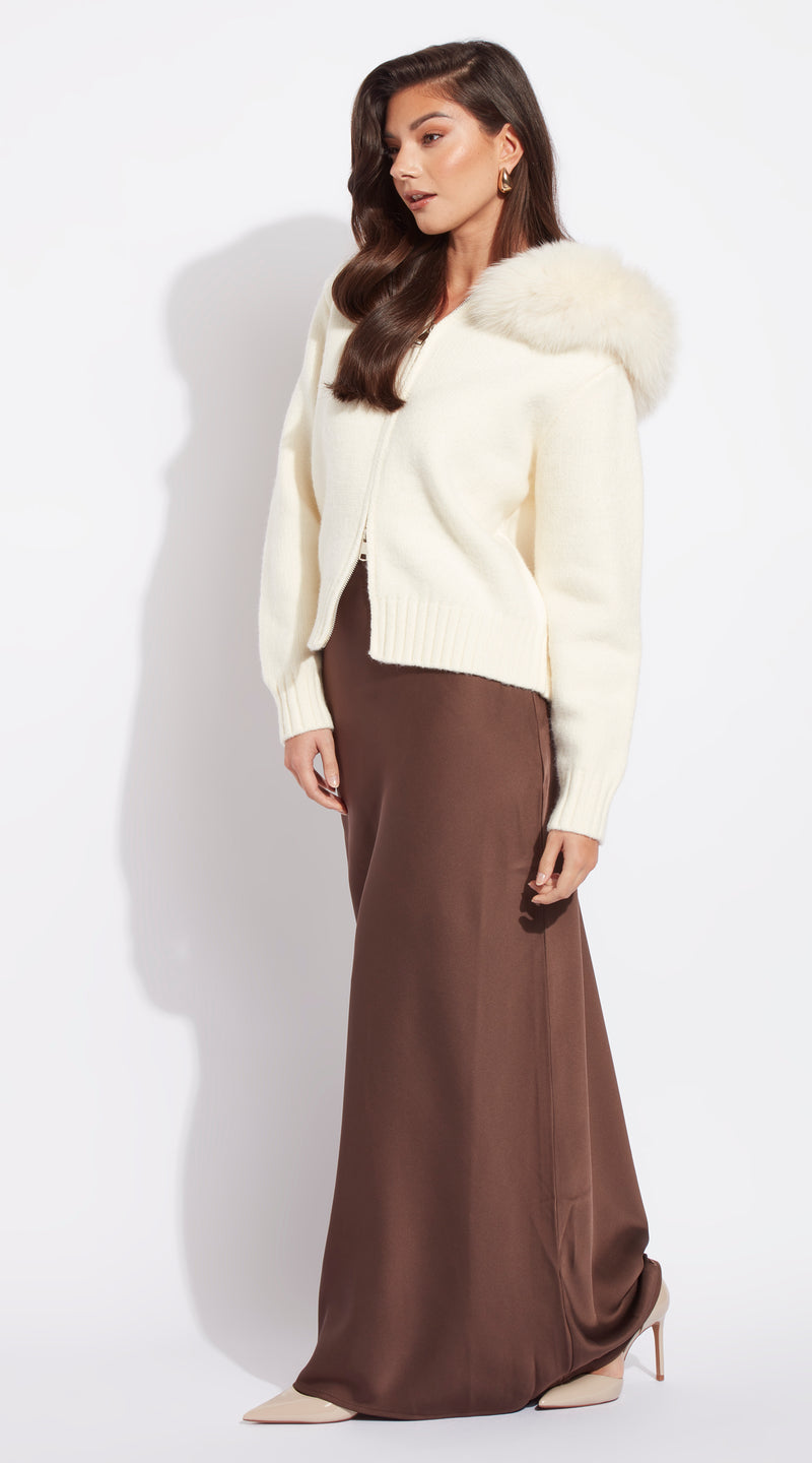 Luxy Knitted Zip Through Fur Hoodie - Crema