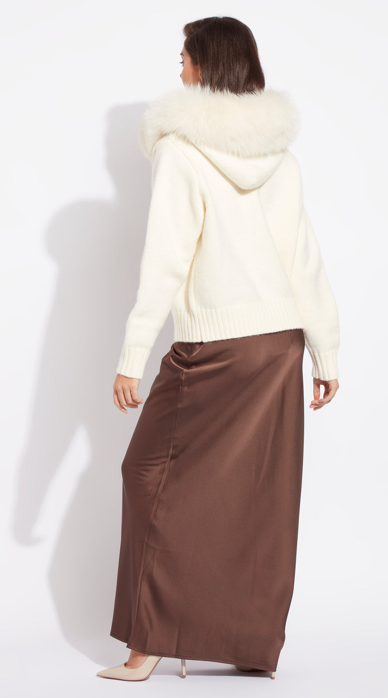 Luxy Knitted Zip Through Fur Hoodie - Crema