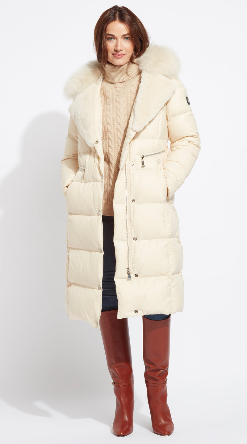 Luxy Lapel Collar Water-Repellent Down Coat - Ecru