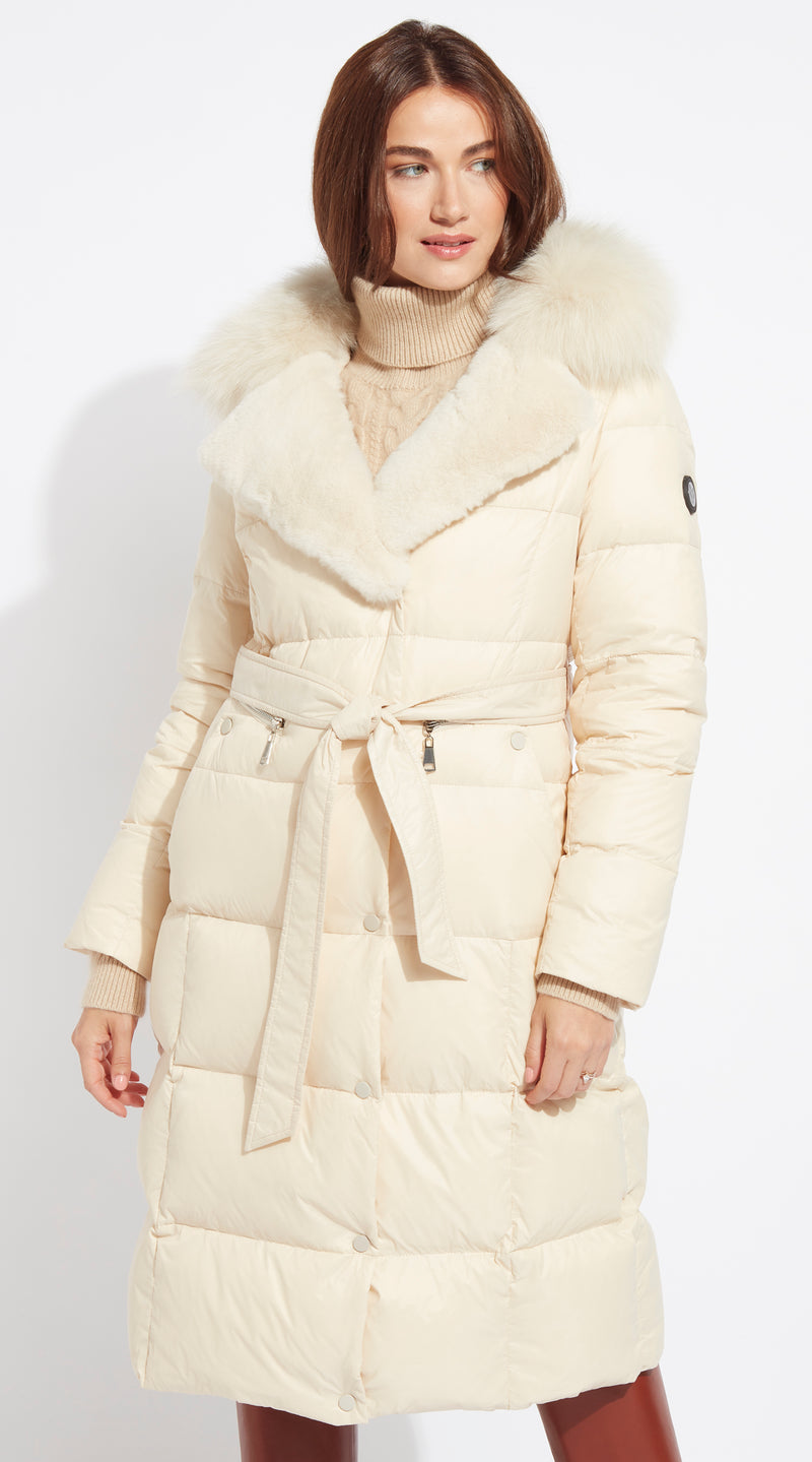 Luxy Lapel Collar Water-Repellent Down Coat - Ecru