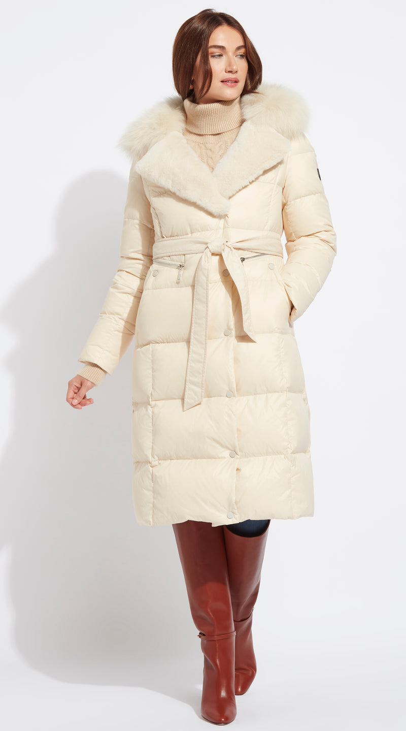 Luxy Lapel Collar Water-Repellent Down Coat - Ecru