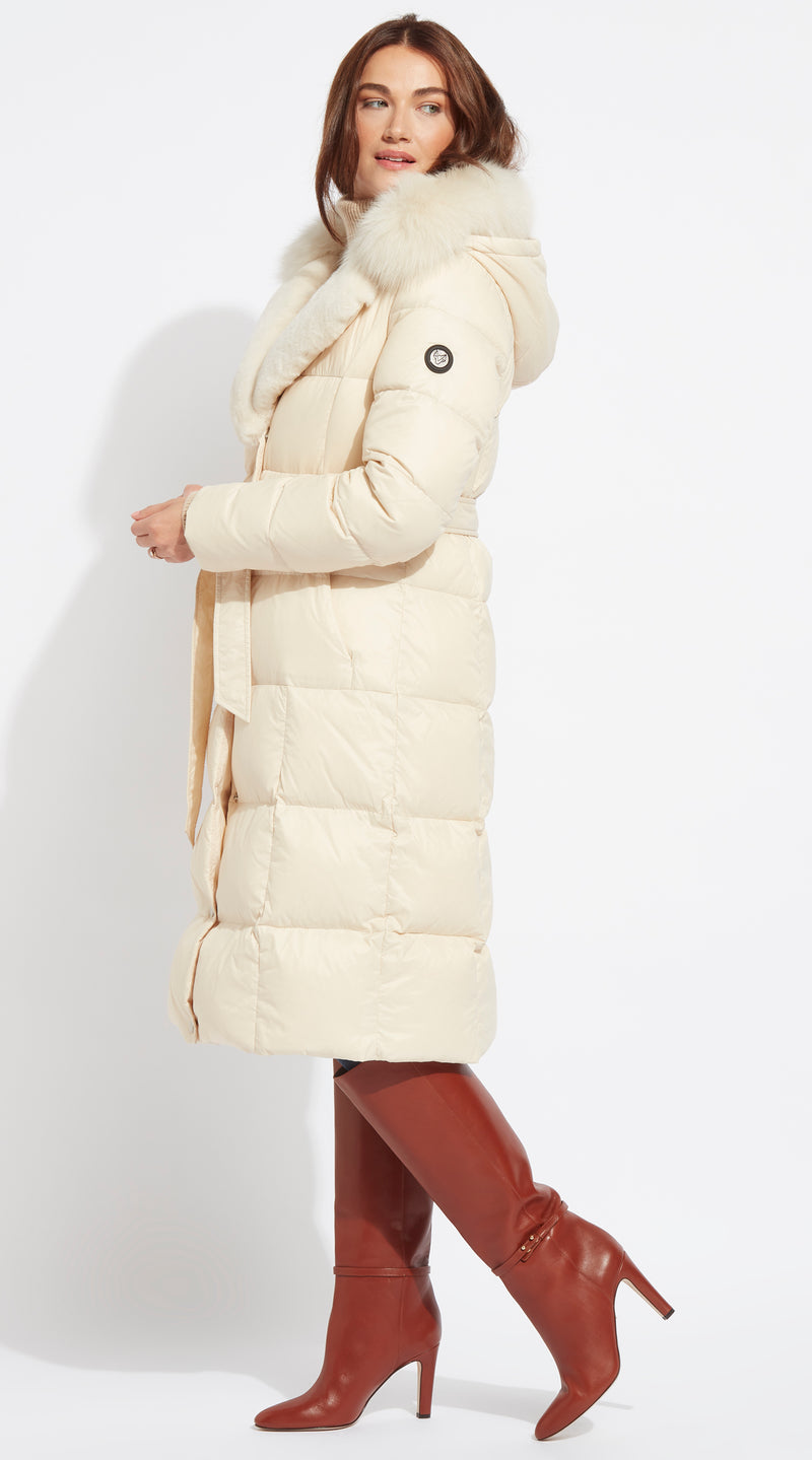 Luxy Lapel Collar Water-Repellent Down Coat - Ecru