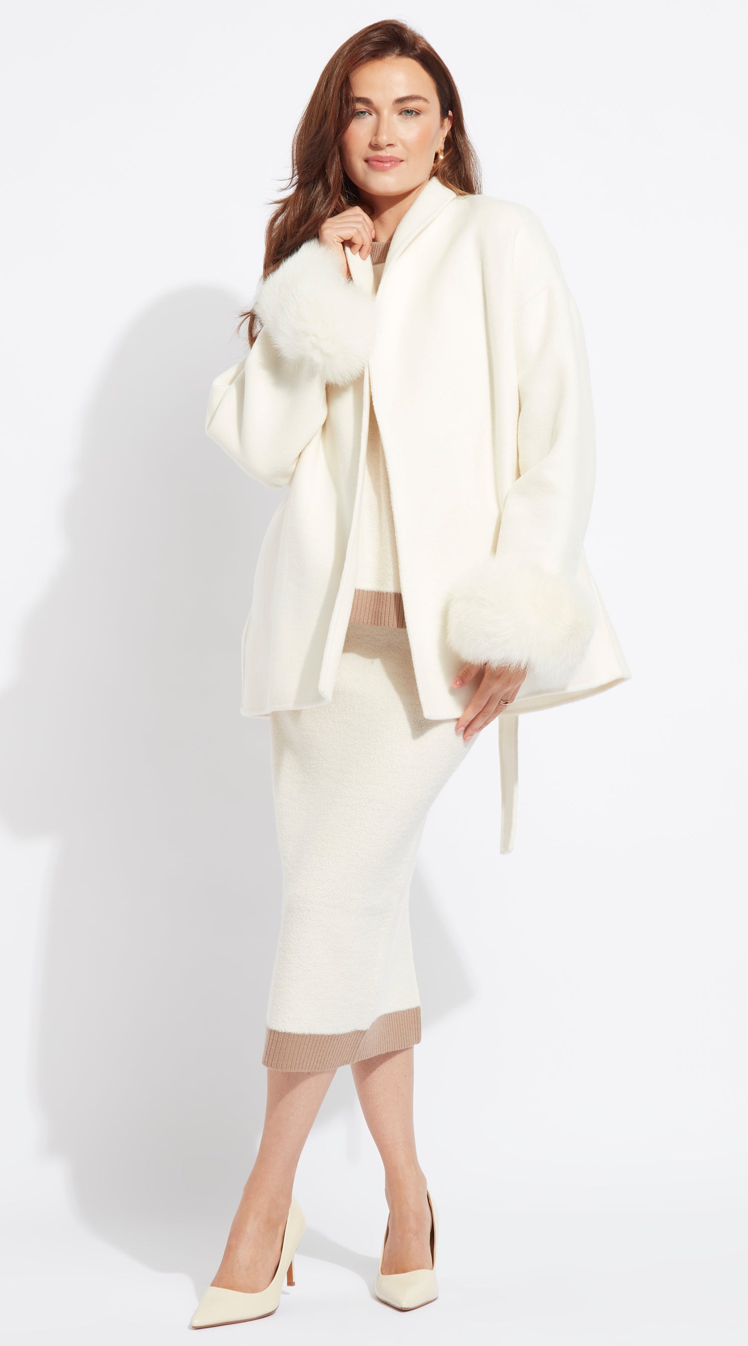 Luxy Cashmere & Fur Cuffed Belted Wrap Coat - Buttermilk