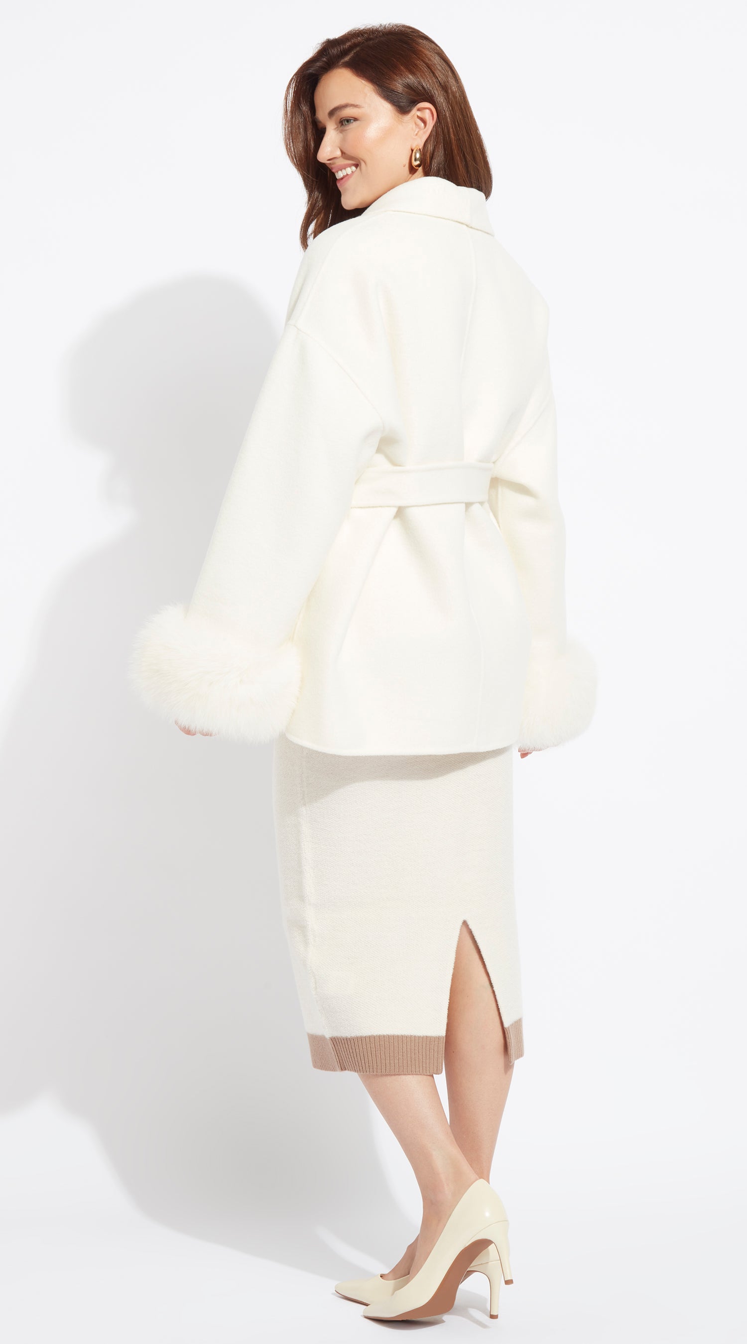 Luxy Cashmere & Fur Cuffed Belted Wrap Coat - Buttermilk