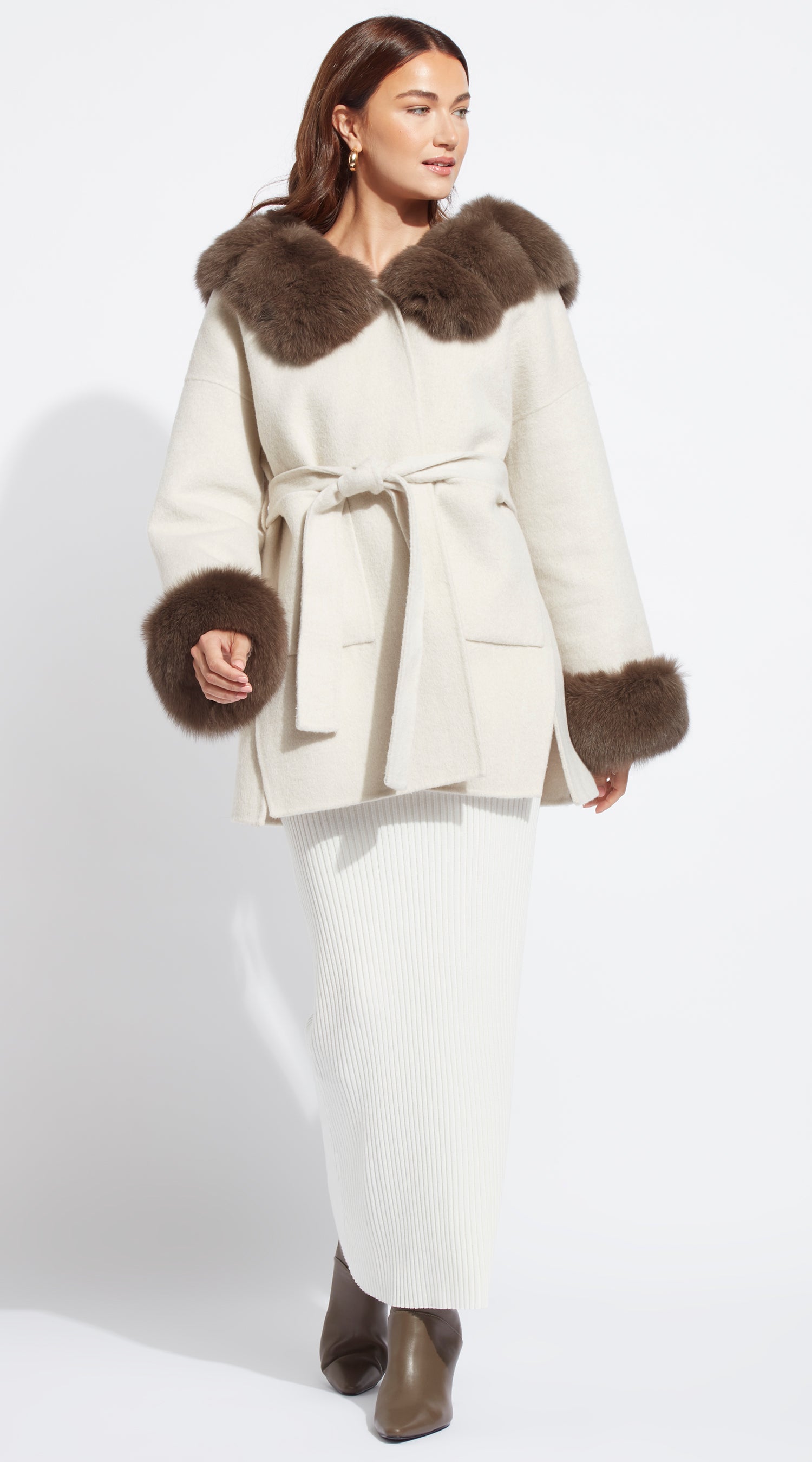 Cashmere &  Fox Fur Belted Coat