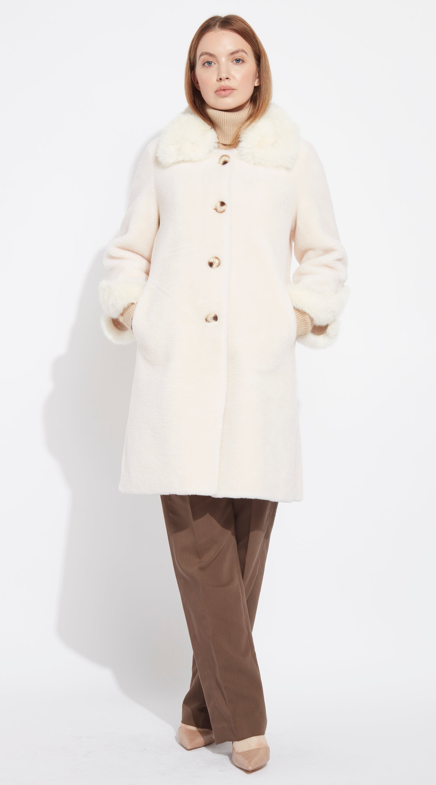 OUTLET Luxy Lambswool & Faux Fur Trimmed Coat - Coconut White