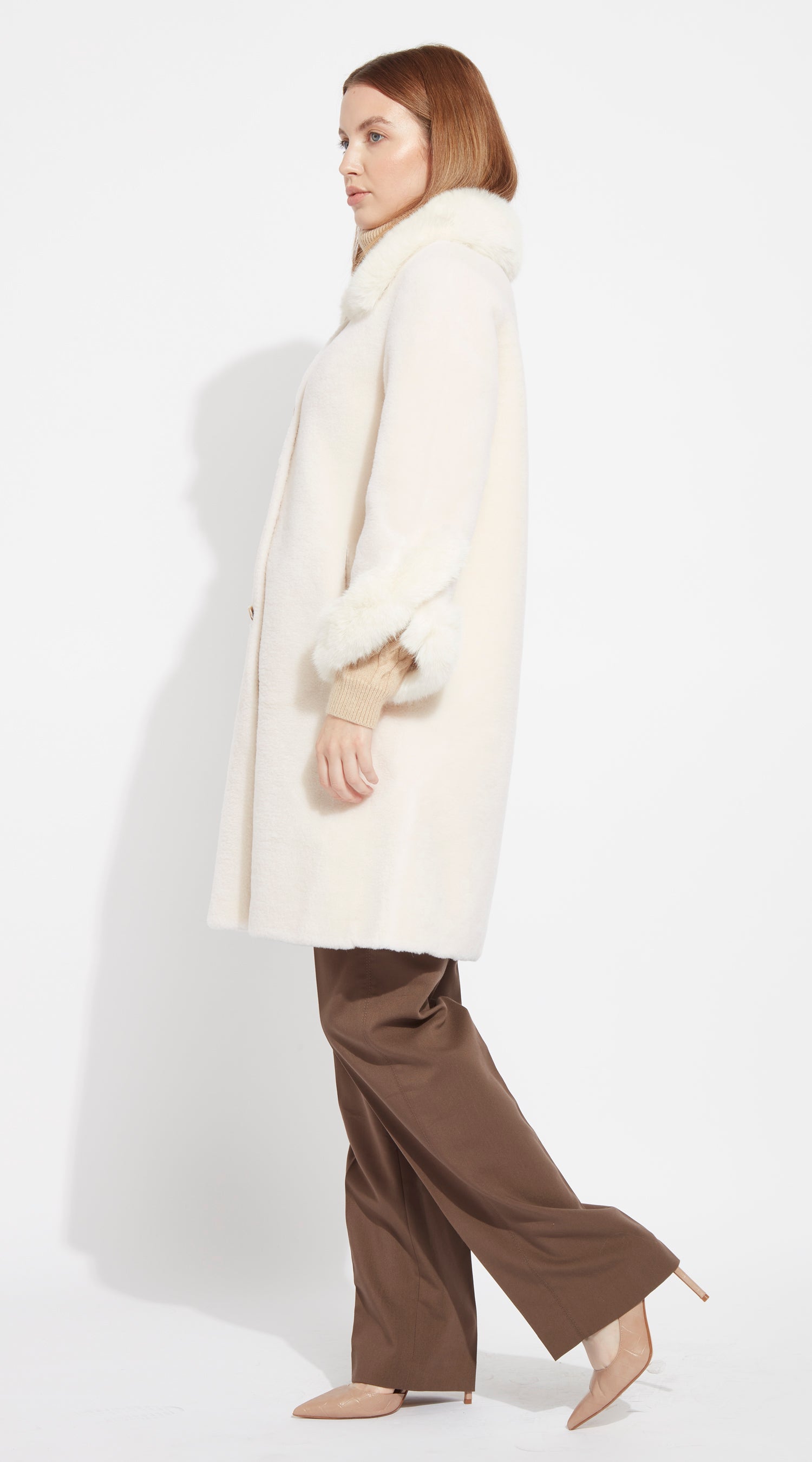 OUTLET Luxy Lambswool & Faux Fur Trimmed Coat - Coconut White
