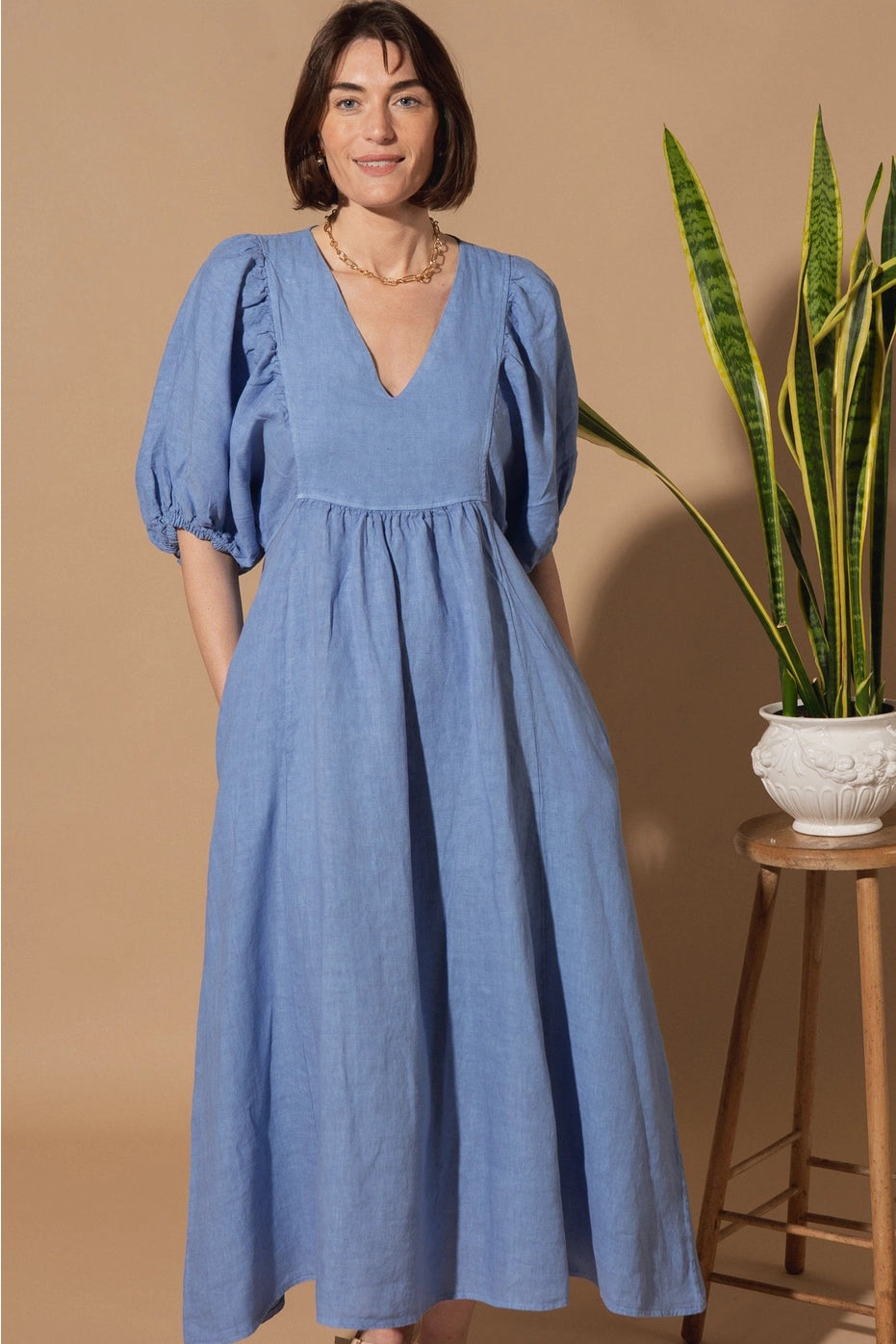 Livie Puff Sleeve Linen Dress - Cornflower