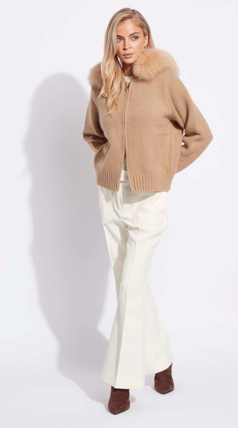 Luxy Knitted Zip Through Fur Hoodie - Beige