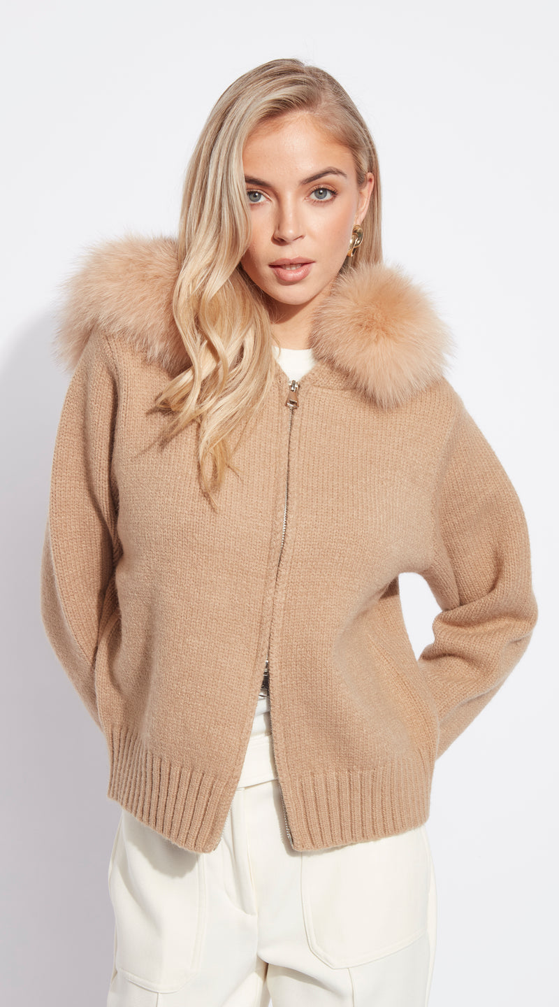 Luxy Knitted Zip Through Fur Hoodie - Beige