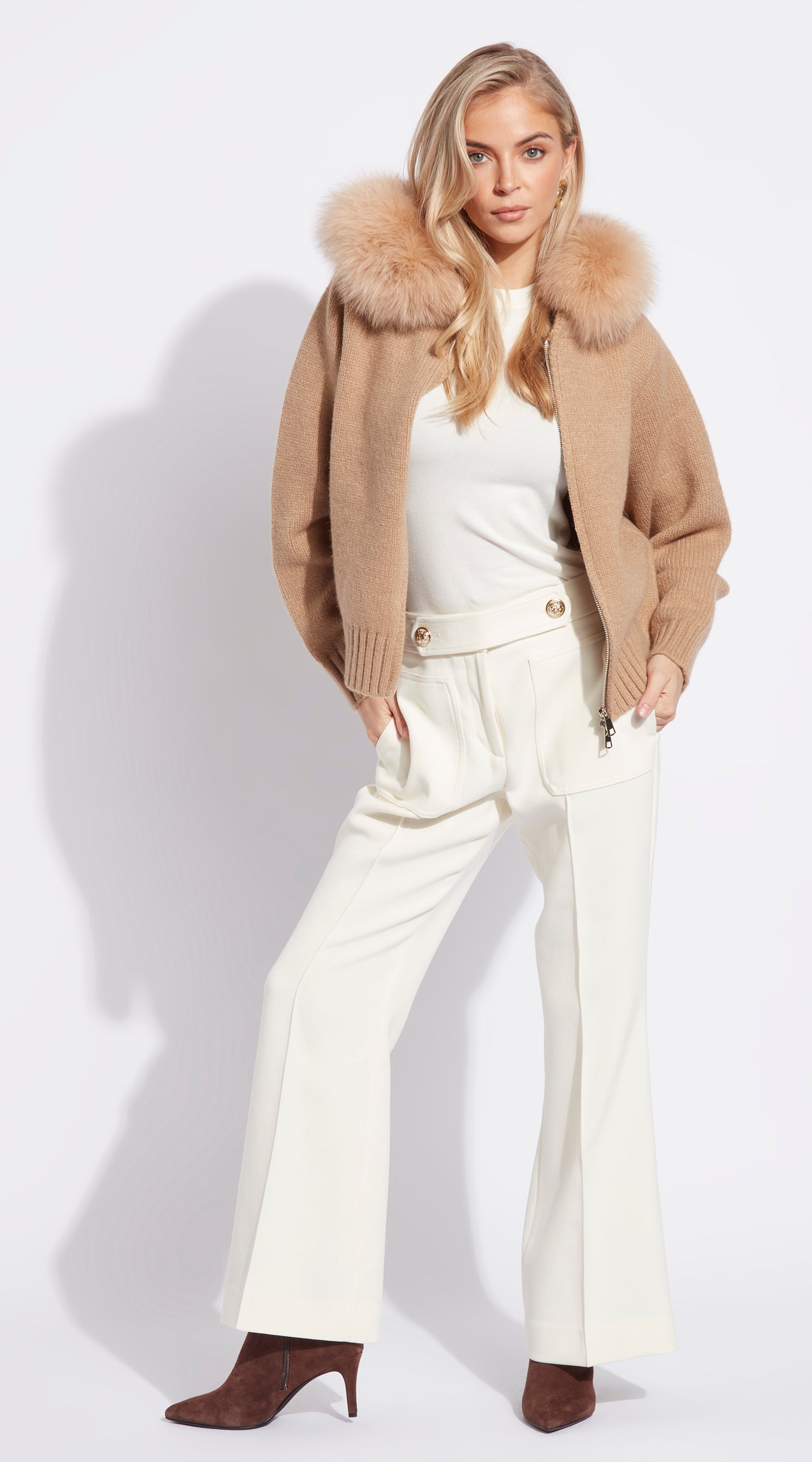 Luxy Knitted Zip Through Fur Hoodie - Beige