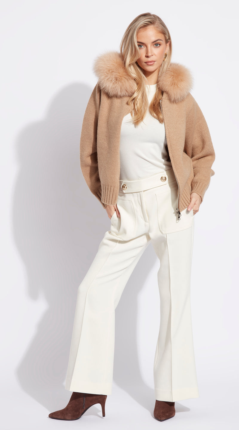 Luxy Knitted Zip Through Fur Hoodie - Beige