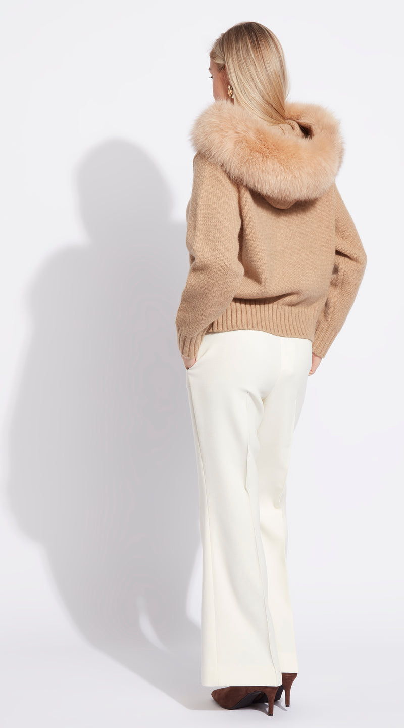 Luxy Knitted Zip Through Fur Hoodie - Beige