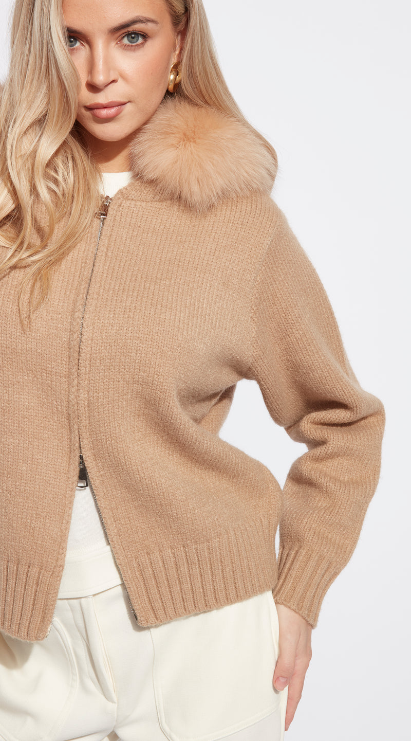 Luxy Knitted Zip Through Fur Hoodie - Beige