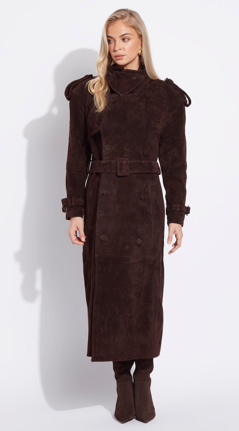 Luxy Suede Trench Coat - Brown