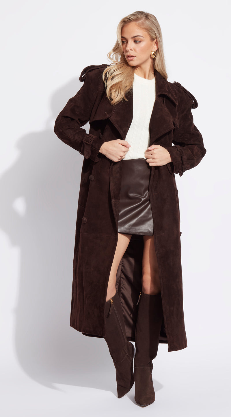 Luxy Suede Trench Coat - Brown