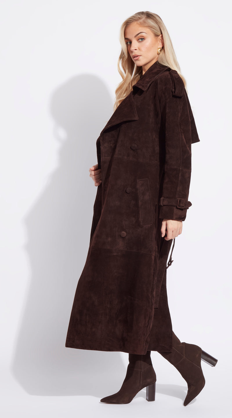 Luxy Suede Trench Coat - Brown