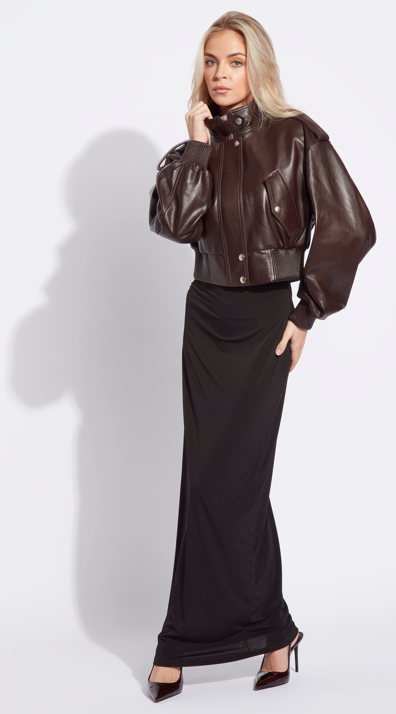 Luxy Leather Cropped Bomber - Brown