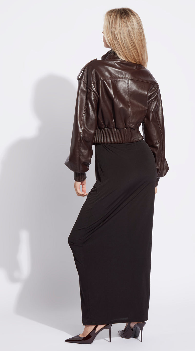 Luxy Leather Cropped Bomber - Brown