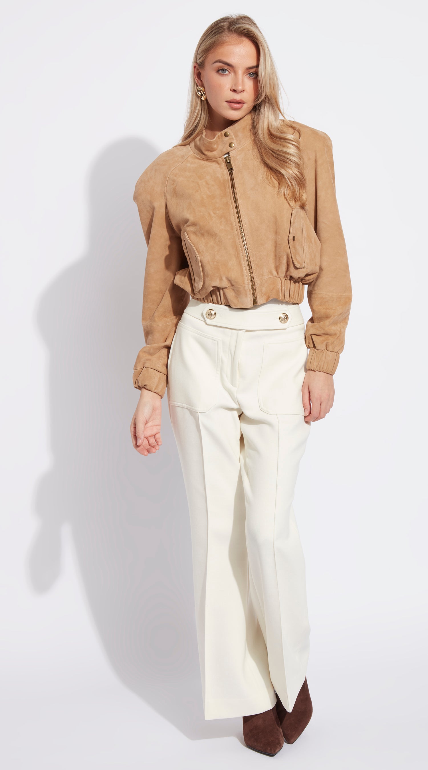Luxy Suede Cropped Bomber - Light Beige