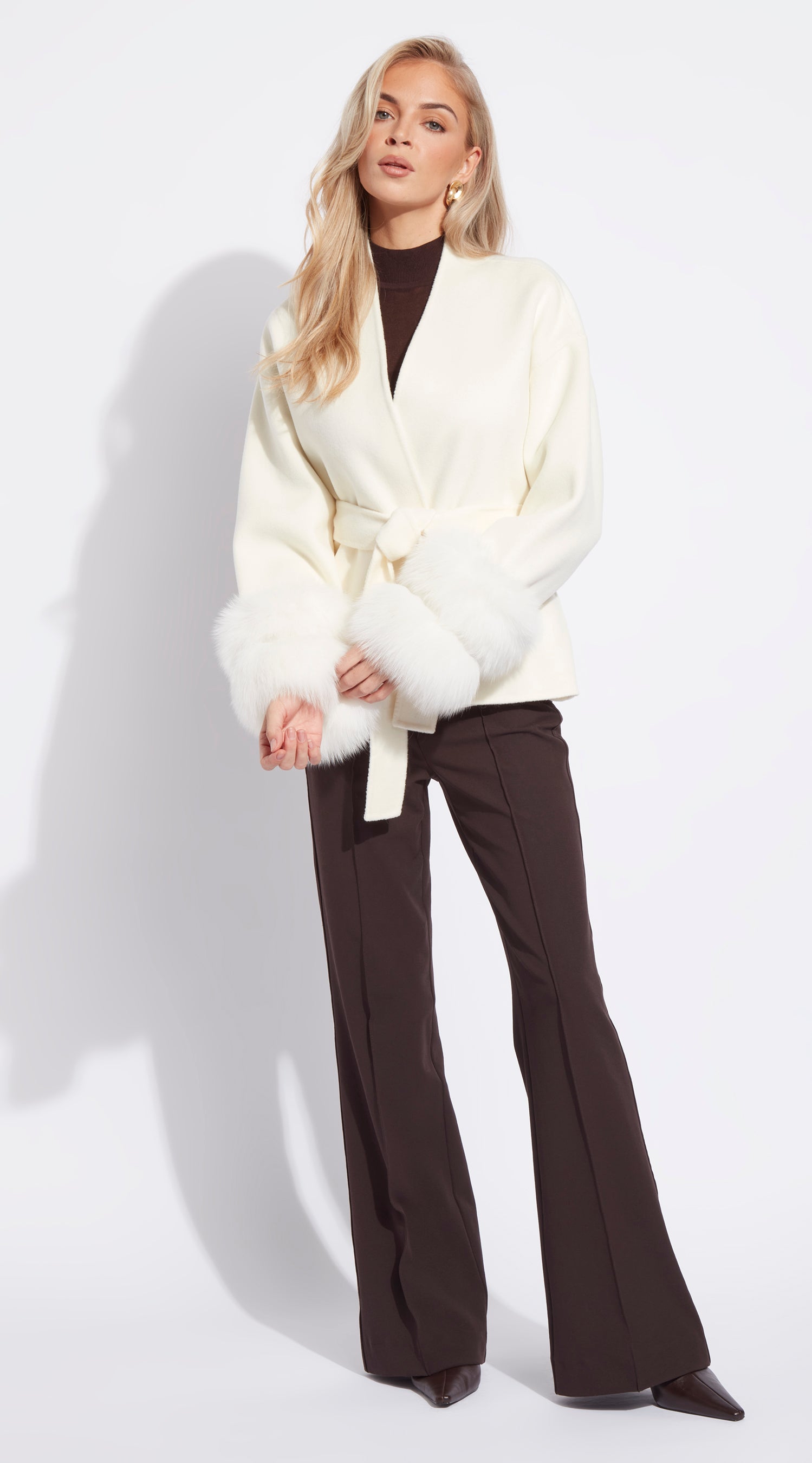 Cashmere Short Double Cuffed Robe Coat - Crema