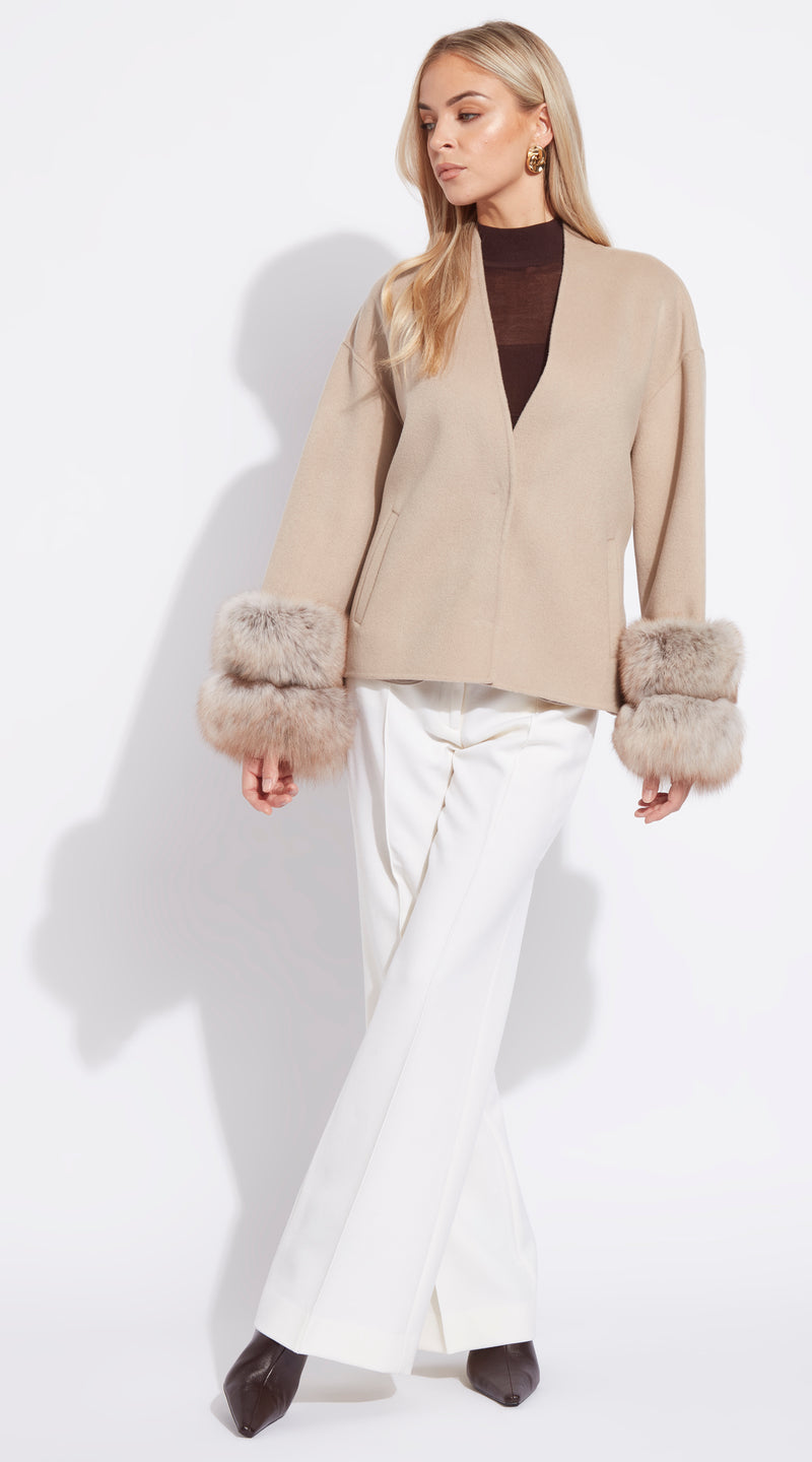 Cashmere Short Double Cuffed Robe Coat - Beige