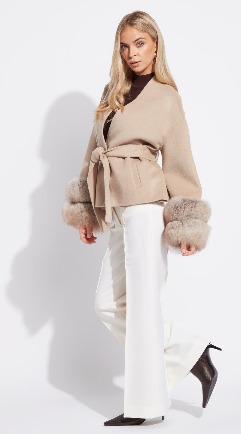 Cashmere Short Double Cuffed Robe Coat - Beige