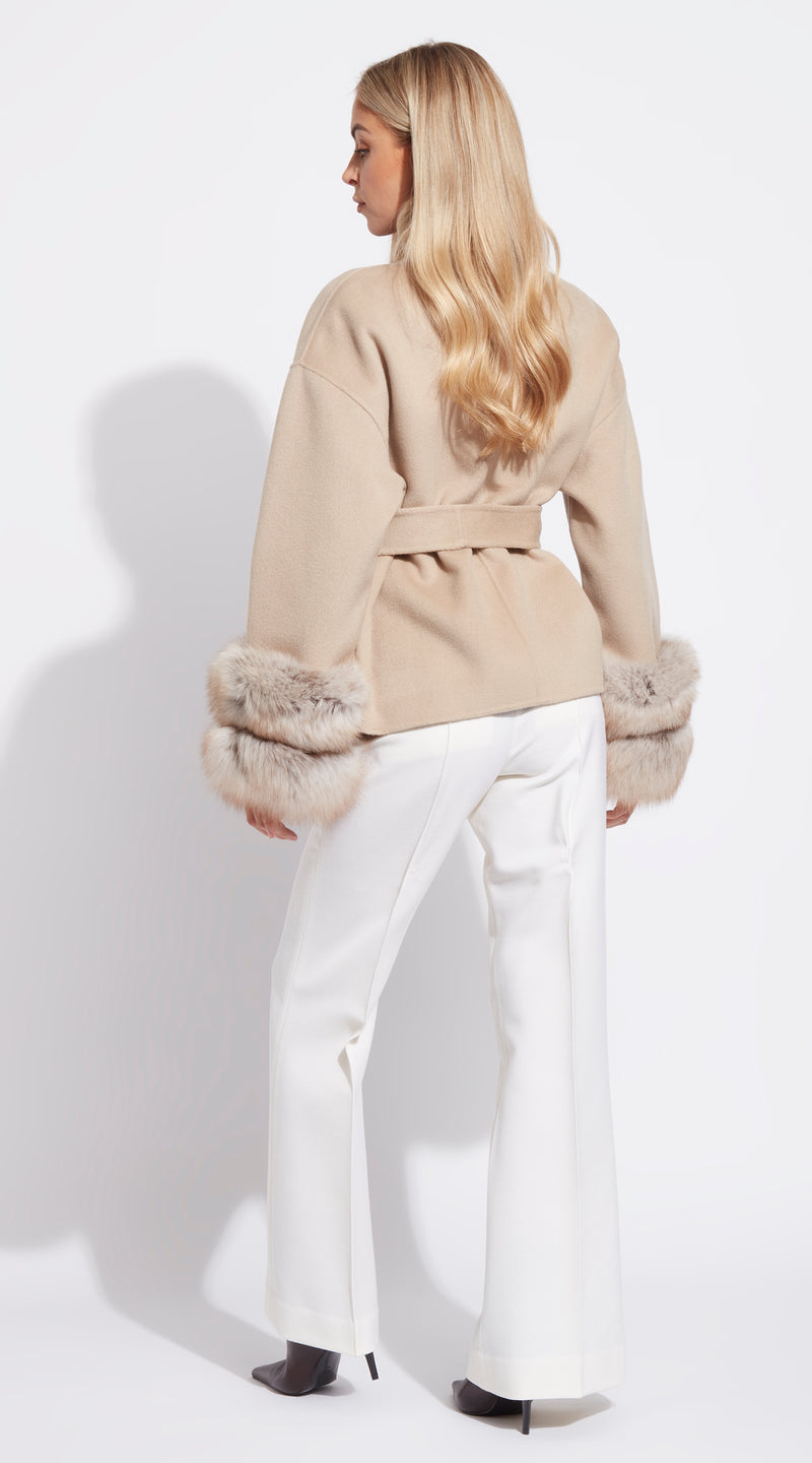 Cashmere Short Double Cuffed Robe Coat - Beige