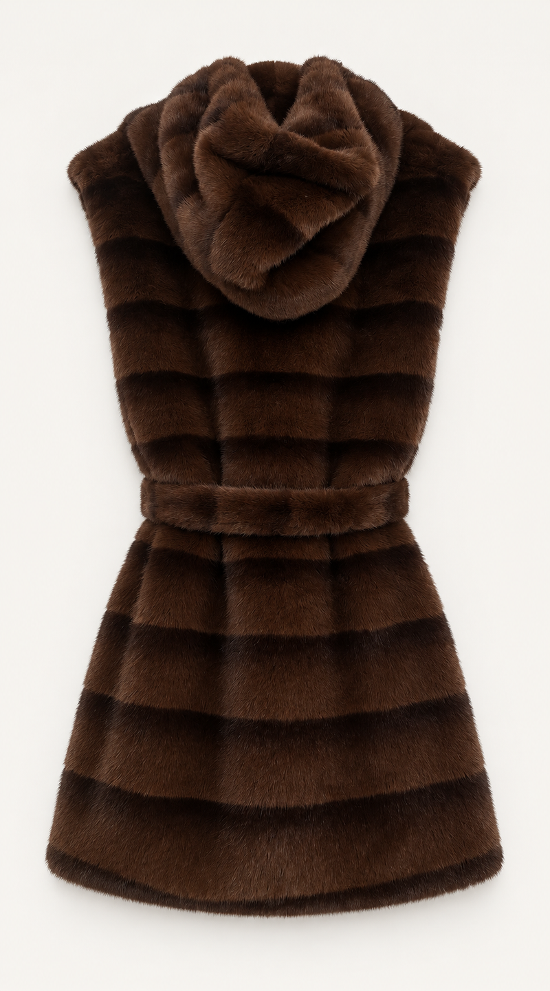Luxy Faux Fur Brown Hooded Gilet with Belt