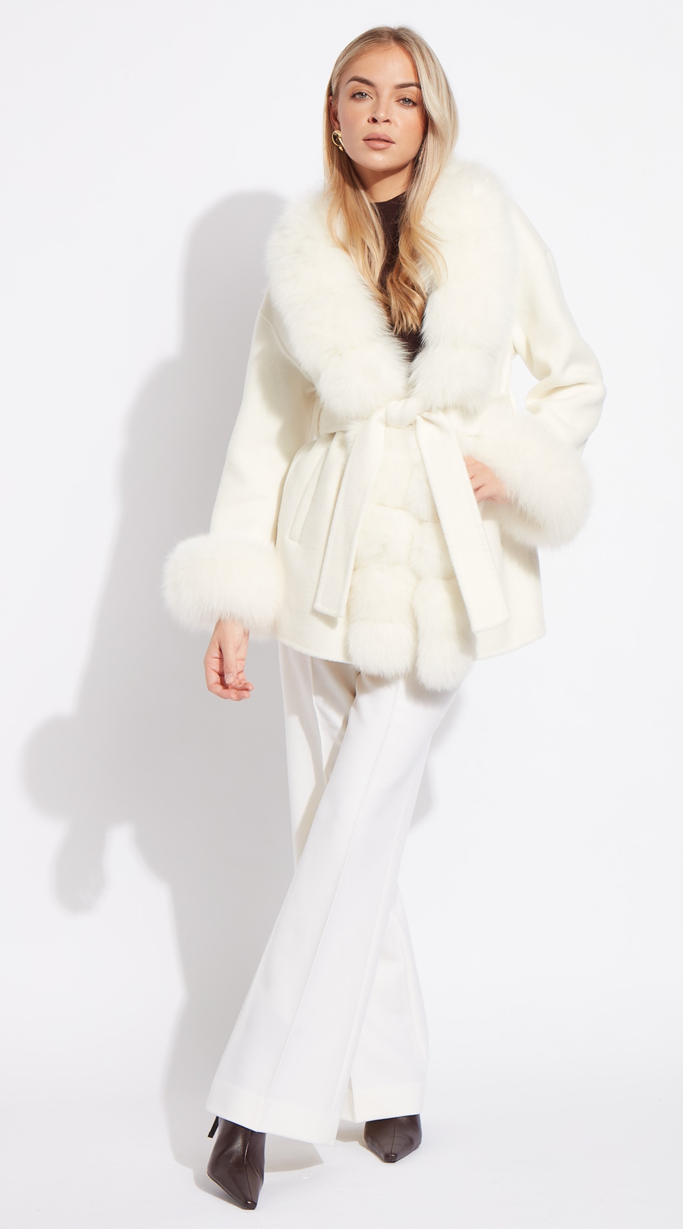Cashmere & Fox Fur Belted Wrap Coat - Ecru