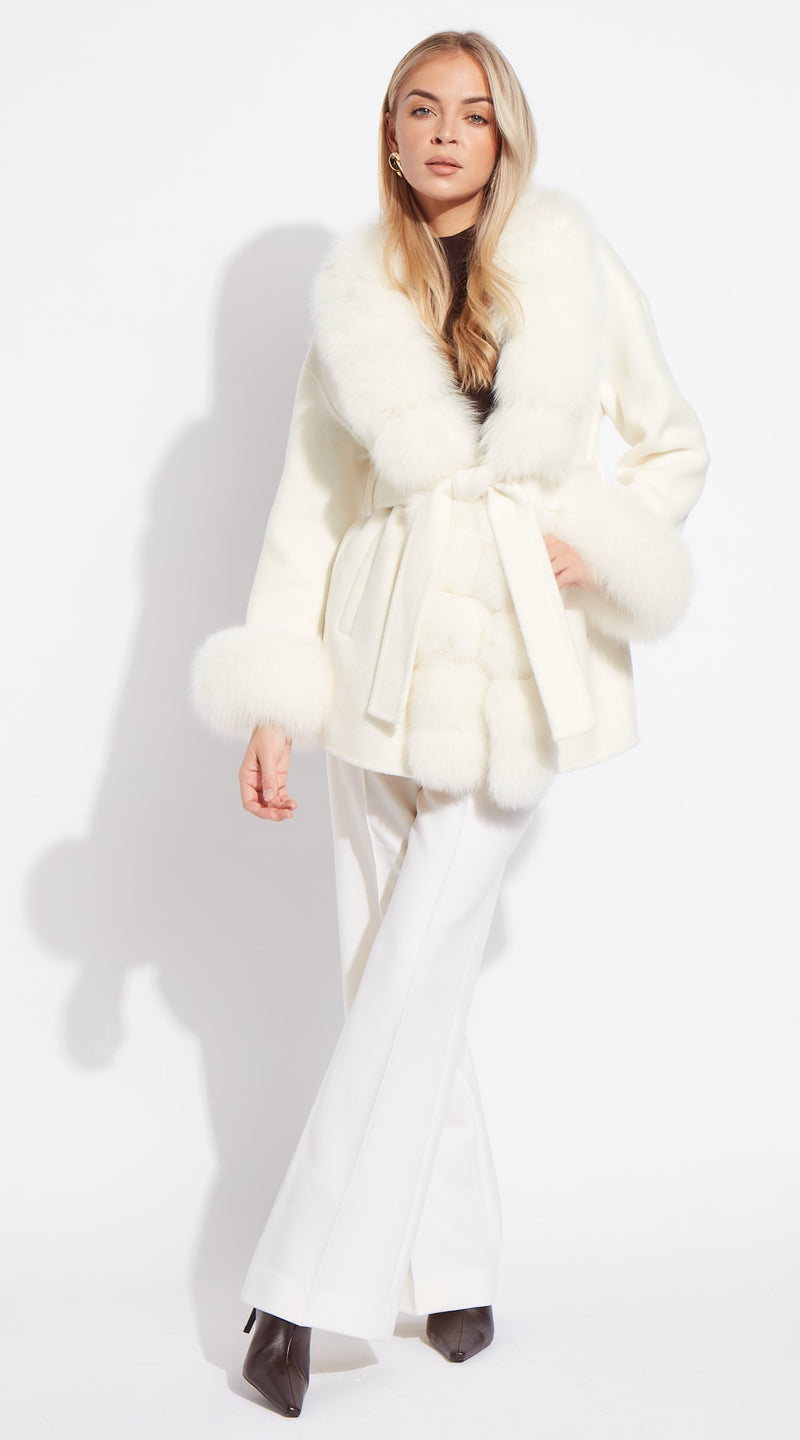 Cashmere & Fox Fur Belted Wrap Coat - Ecru