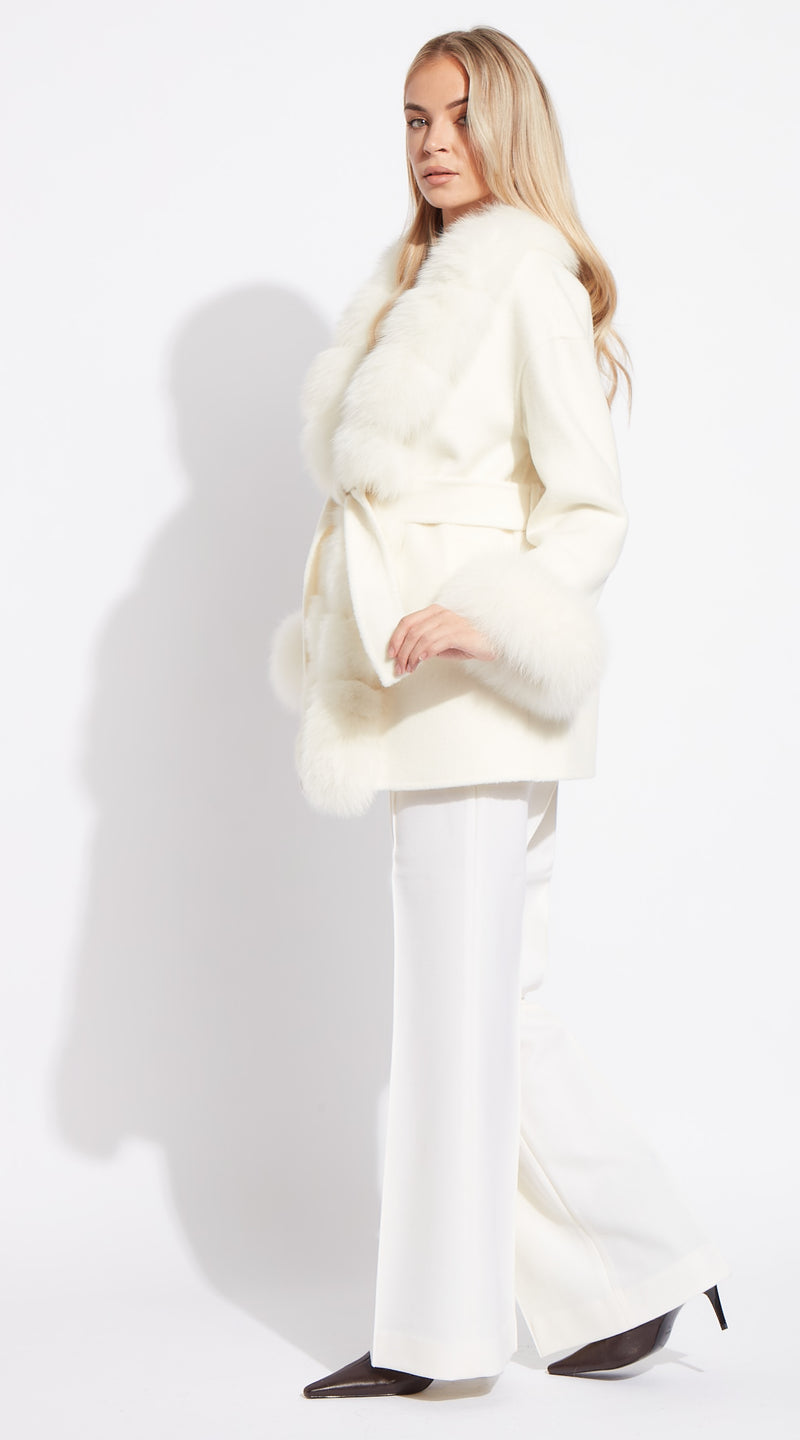Cashmere & Fox Fur Belted Wrap Coat - Ecru