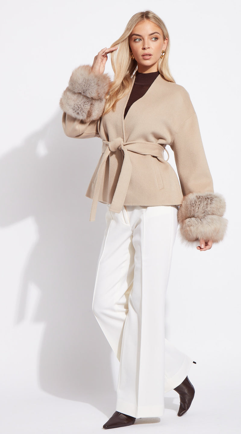 Luxy Cashmere Cropped Double Cuffed Coat - Taupe